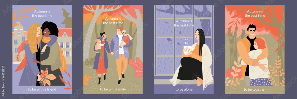 Autumn is the best time concept. Set of vector cards with happy family, friends, couple in love and lonely girl enjoying an autumn day - obrazy, fototapety, plakaty 