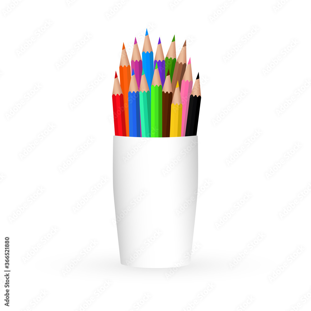 Plastic cup with a set of colored pencils. Close up isolated on white background. Design template, icon, clipart or layout for graphics - web, application. Front view. Vector Plastic cup with a set of colored pencils. Close up isolated on white background. Design template, icon, clipart or layout for graphics - web, application. Front view. Vector