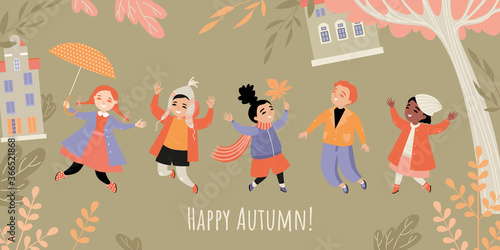 Happy autumn banner with images of cute children having fun on the background of the autumn garden.