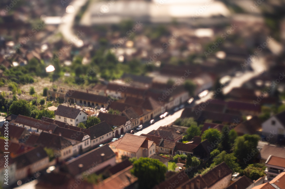 tilt-shift aerial view of the city brasov romania