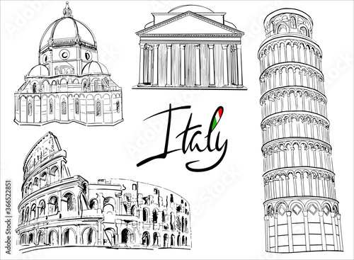 Minimalistic line-art landmark icons of the Italy architecture. Big set of tourist attractions