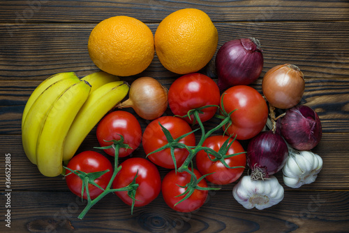 fruits and vegetables on wooden table