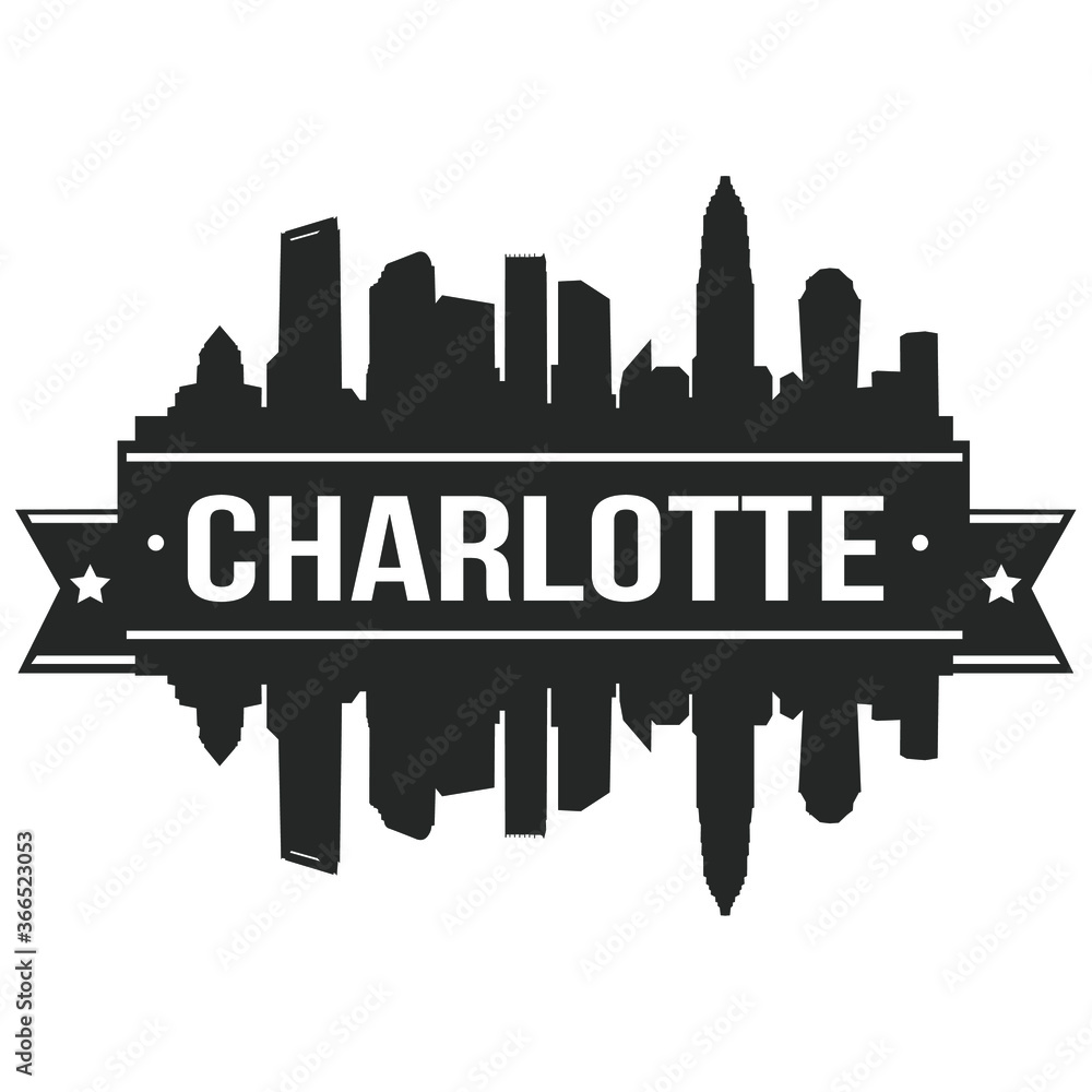 Charlotte Skyline Silhouette . Reflection Landscape City Design. Vector Cityscape Icon.  
