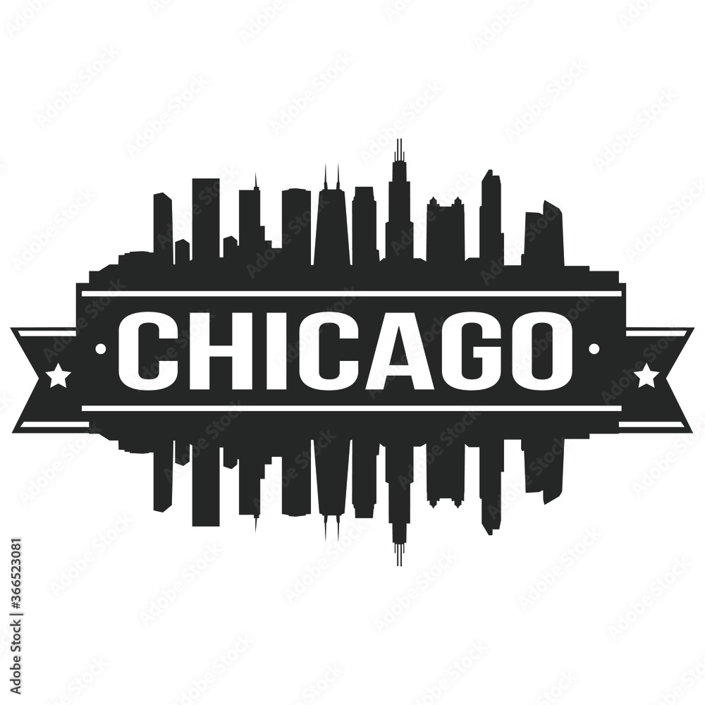 Chicago Stamp Skyline. Cityscape Vector Famous Buildings Clip Art Design. 