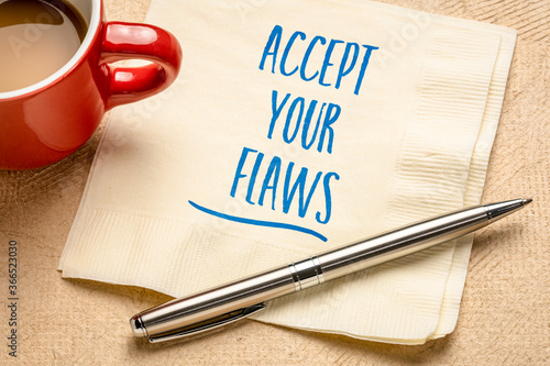 Fotografija accept your flaws inspirational advice - handwriting on a napkin with a cup of c