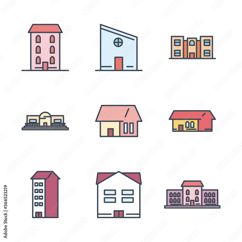 city buildings line and fill style icon set vector design