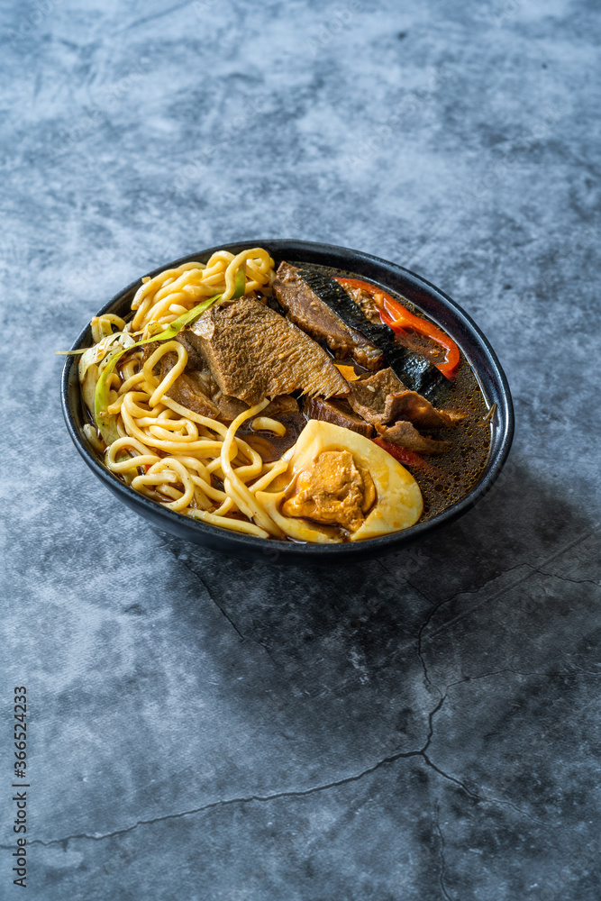 Shoyu Ramen Noodle with Egg, Soy Sprouts, Veal Meat, Carrot, Onion, Seaweed Wakame, Japanese Radish and Soy Sauce. Shoyu Ramen Noodle with Egg, Soy Sprouts, Veal Meat, Carrot, Onion, Seaweed Wakame, Japanese Radish and Soy Sauce.