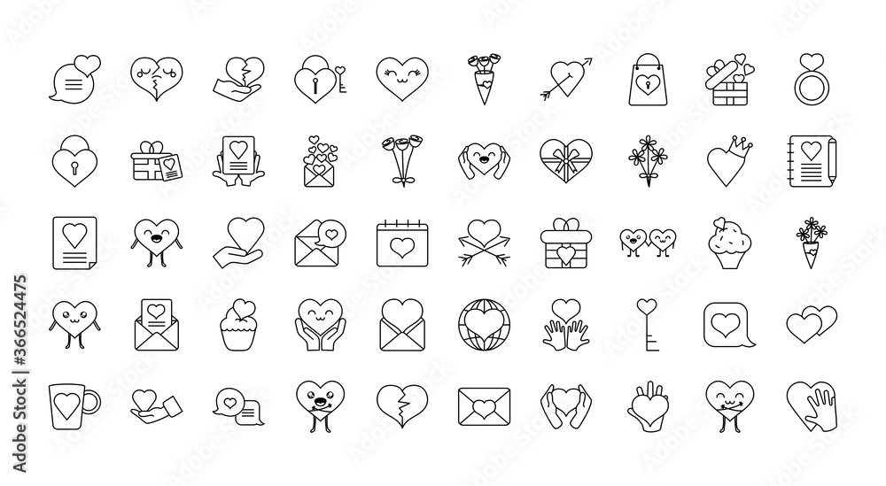 hearts and love icon set, line style