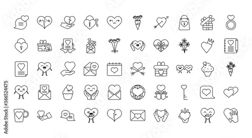 hearts and love icon set, line style