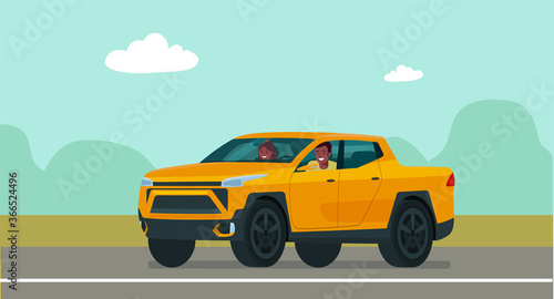 Pickup truck car with a afro american man and woman driving on a background. Vector flat style illustration.
