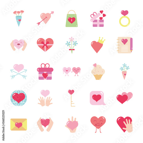flowers bouquet and hearts icon set, flat style