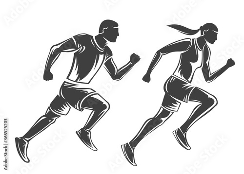 Hand drawn silhouette running man and woman isolated on white background. Stylized vector illustration. Minimalistic vintage design template element for print, label, badge or other symbol.