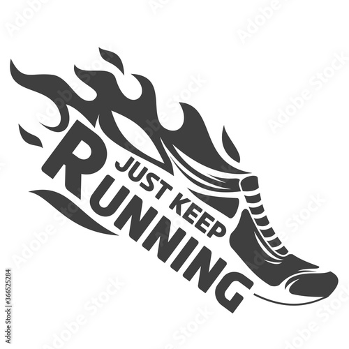 Hand drawn silhouette running shoes with fire flames isolated on white background. Stylized vector illustration. Minimalistic vintage design template element for print, label, badge or other symbol.