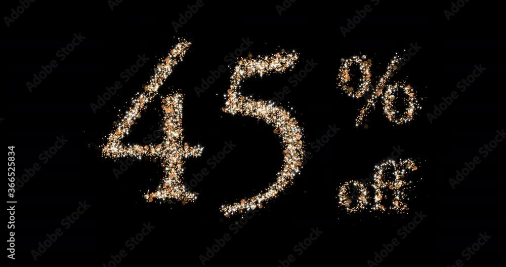 45 percent off. Gold discount sign made from sparkling particles. Looped animation on black. 45 percent off. Gold discount sign made from sparkling particles. Looped animation on black.