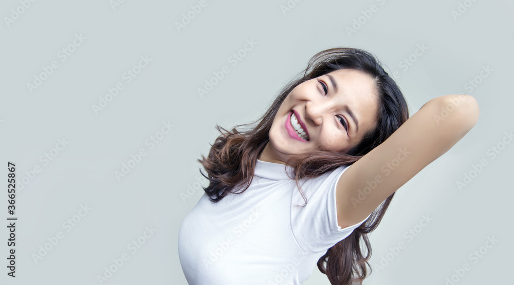 happy healthy asian woman with exercive curve on white