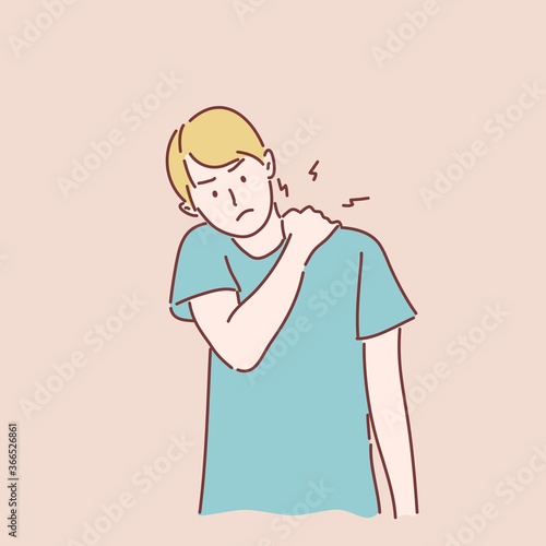 Man hold hand on neck. Concept suffering pain, hurt muscles. Hand drawing character style vector.