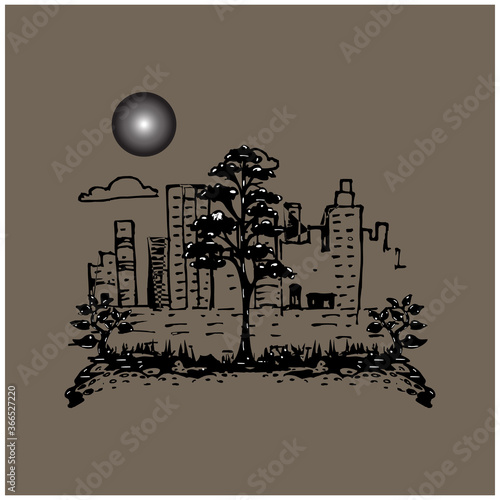 Illustration of city park with office buildings under the moonlight, vector illustration