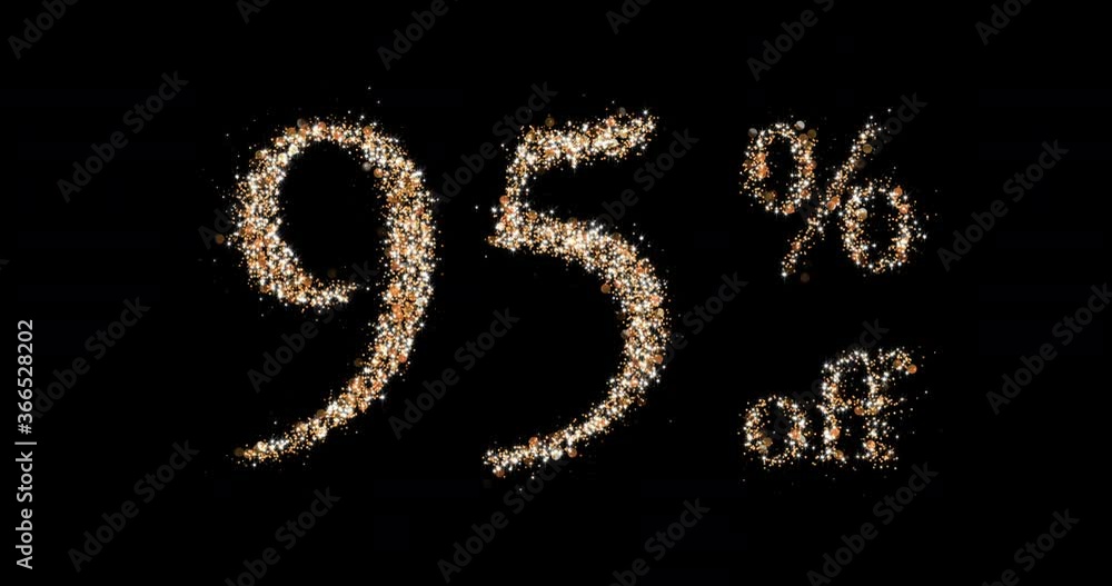 95 percent off. Gold discount sign made from sparkling particles. Looped animation on black. 95 percent off. Gold discount sign made from sparkling particles. Looped animation on black.