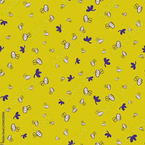 Doodle honey bees seamless vector pattern on bright yellow. Pollinators seamless vector pattern for backgrounds, children fabrics, stationery, food packaging, wrapping paper, and scrapbooking.