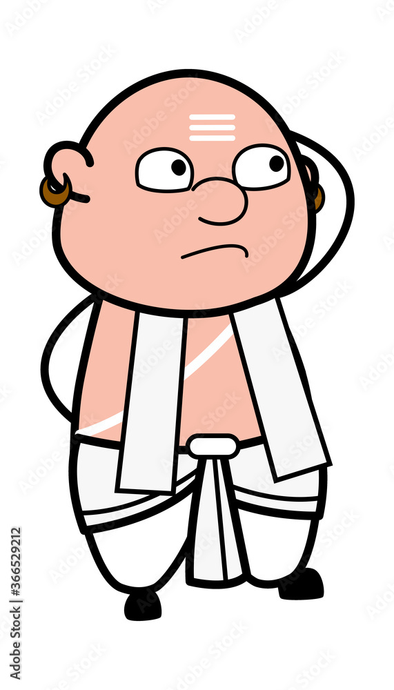 Cartoon South Indian Pandit thinking in Confusion