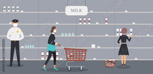 Grocery store is open during epidemic of virus. Security guard in protective medical mask and customer selects milk and other products on half-empty shelves in dairy department.Raster illustration