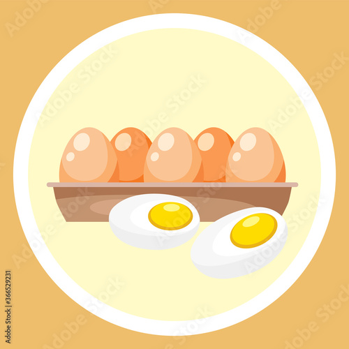 Hard boiled sliced egg with the yellow yolk and the white albumen in container isolated on yellow background. Chicken peeled boiled eggs organic food for good health. Source of vitamins and minerals