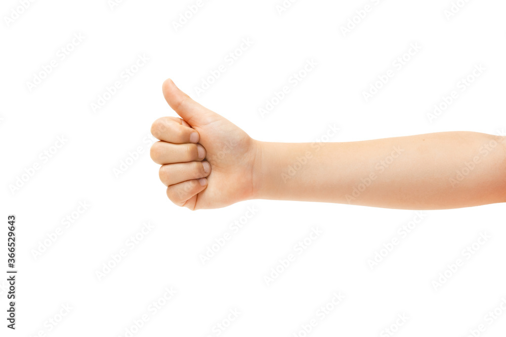 Thumb up. Children's hand, palm gesturing isolated on white studio background with copyspace for your advertising. Little girl's hand with signs. Childhood, education, sales, ad, expression concept. Thumb up. Children's hand, palm gesturing isolated on white studio background with copyspace for your advertising. Little girl's hand with signs. Childhood, education, sales, ad, expression concept.