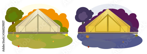 Vector illustration of glamping tent in the daytime and at night. Autumn. Vacation in the forest. Living in nature. Isolated
