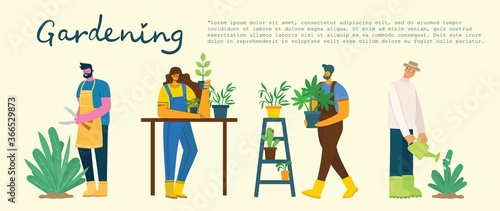 Young man and woman gardener holding a flower pot. Vector illustration in a flat style