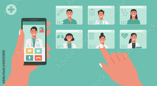 telemedicine concept, human hand holding smartphone using app for healthcare or online consultation on screen and choosing doctors for video call, vector flat illustration