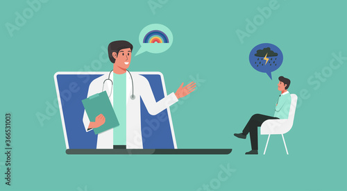 online doctor, medical consultation or psychological help and support service concept, telemedicine, psychologist and patient, brain mental health psycho therapy, vector flat illustration