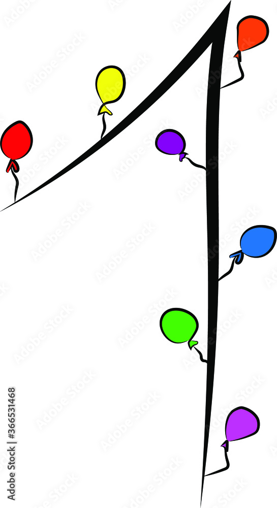 Festive children's font. Black branches and bright colored balloons. Birthday, anniversary, holiday. Design of greeting cards and invitations for weddings and anniversaries. Arabic numeral 1. Concise