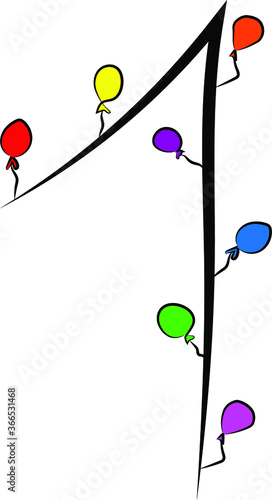 Obraz na płótnie Festive children's font. Black branches and bright colored balloons. Birthday, anniversary, holiday. Design of greeting cards and invitations for weddings and anniversaries. Arabic numeral 1. Concise w salonie