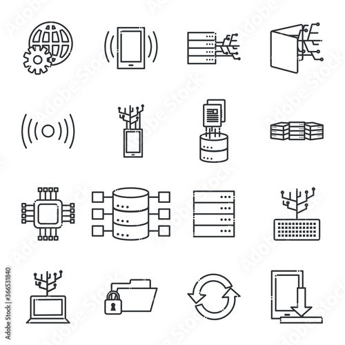 Big data line style icon set vector design