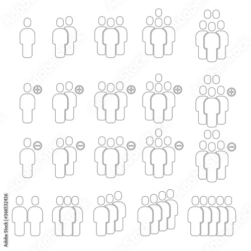 Simple Set of Business People Related Vector flat Glyph solid Icons. Group of People with add Plus and Delete. Modern Design Outline Icon Illustration Vector