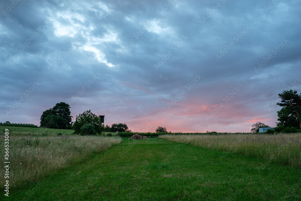 Fototapeta premium Hunter high seat with dark gloomy sky in dawn