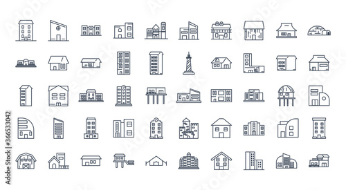 city buildings line style icon set vector design