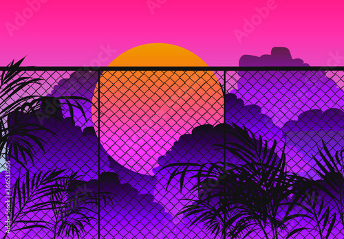 Ambient view on evening cloudy sky behind the fence, palm leaves in the foreground. Nature scene in retro synthwave cartoon anime style.