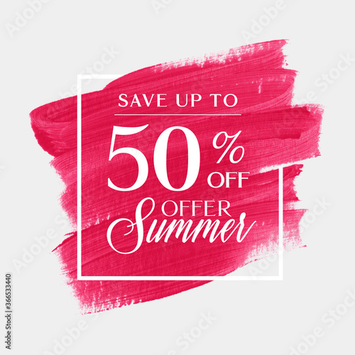 Sale summer offer up to 50% off sign over art brush acrylic stroke paint abstract texture background vector. Perfect art design for a shop and sale banners.