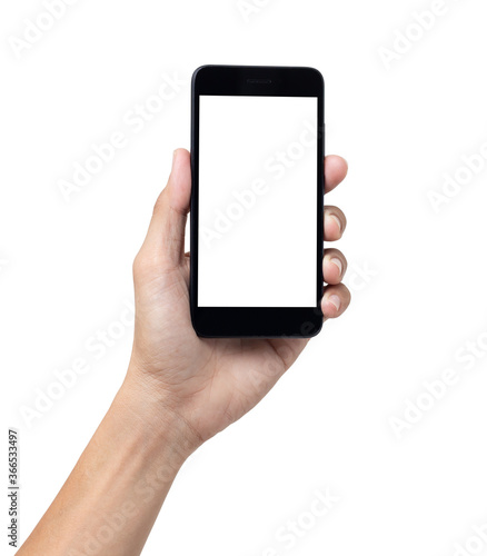 Hand man holding mock up mobile smartphone with blank screen isolated on white background with clipping path