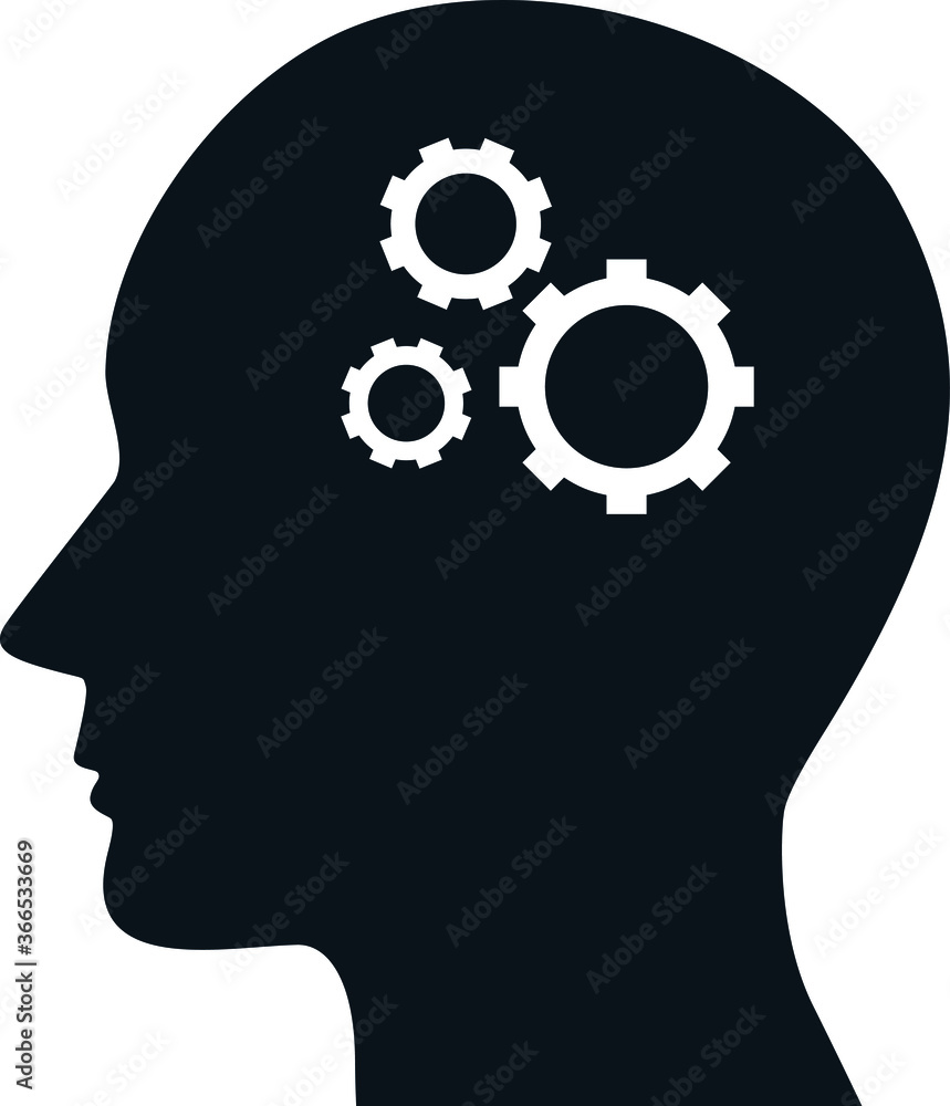 Human head with a gear inside the icon. Artificial intelligence. Technology advances. Robot. Contour symbol. Human head with a gear inside the icon. Artificial intelligence. Technology advances. Robot. Contour symbol.