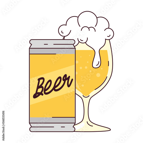 cup glass and can of beer on white background