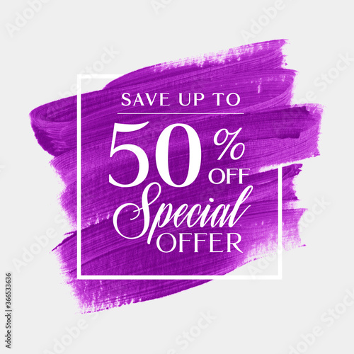 Sale special offer 50% off sign over art brush acrylic stroke paint abstract texture background vector. Perfect art design for a shop and sale banners.