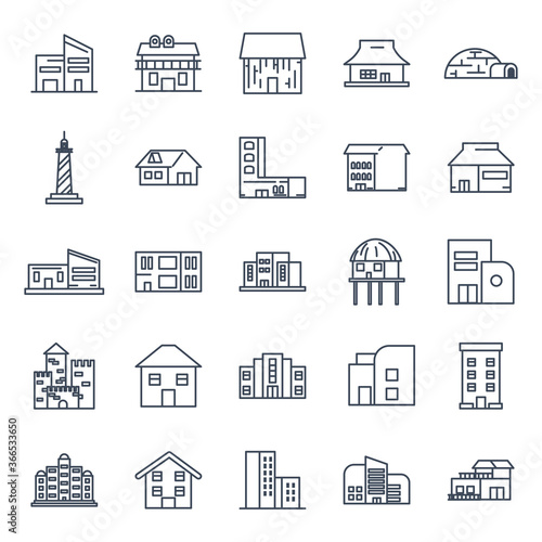 city buildings line style icon set vector design