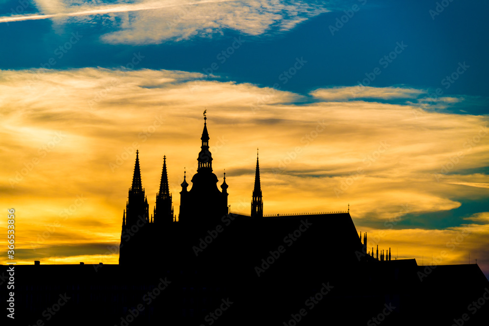Prague night silhouette. Prague panorama during sunset Prague night silhouette. Prague panorama during sunset