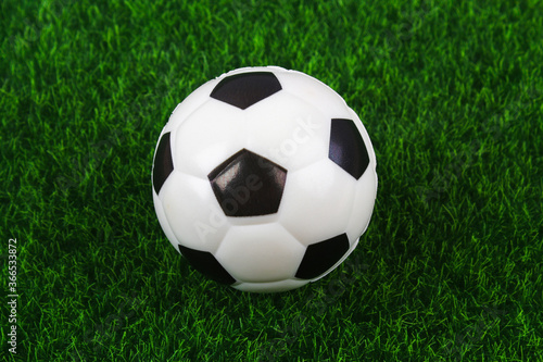 Traditional soccer ball on soccer field. Football ball on green grass stadium football field, game, sport. Background for design.