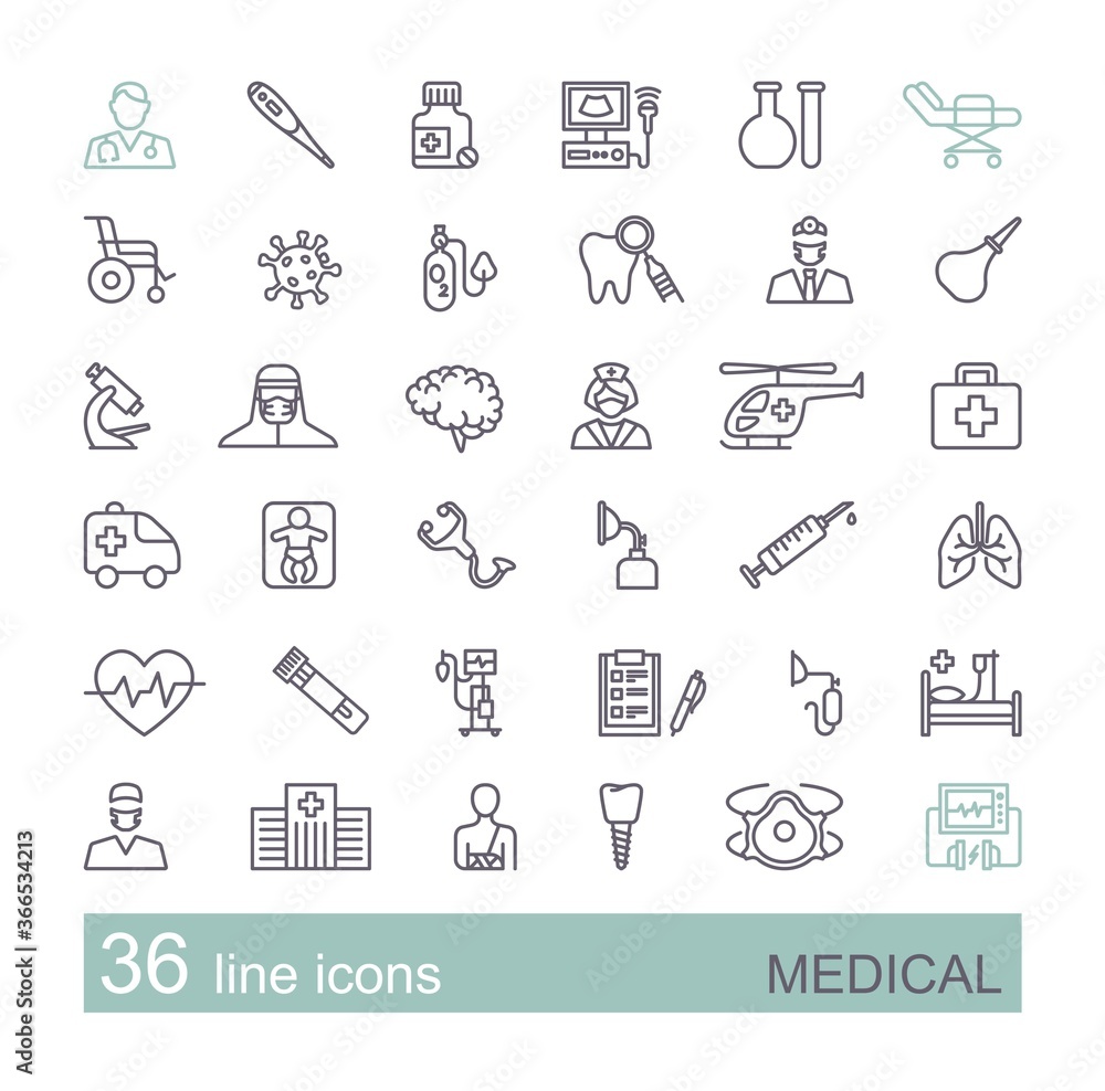 Set of medical icons. Linear vector symbols on the theme of diagnostics, treatment, and hospitals Set of medical icons. Linear vector symbols on the theme of diagnostics, treatment, and hospitals