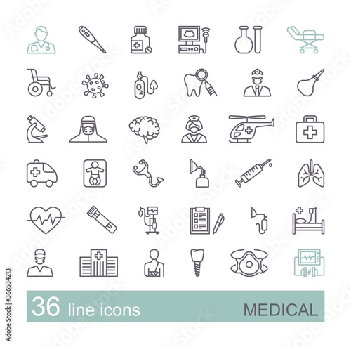 Set of medical icons. Linear vector symbols on the theme of diagnostics, treatment, and hospitals