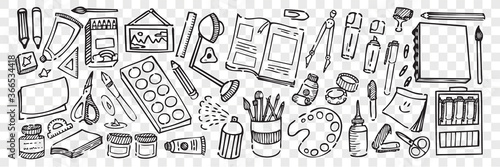 Hand drawn artistic equipment doodle set
