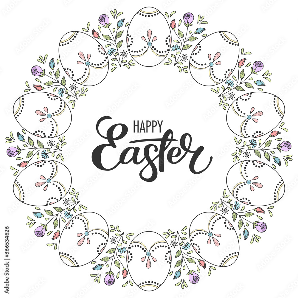 Wreath of hand drawn easter eggs and flowers on white background. Greeting card or invitation template